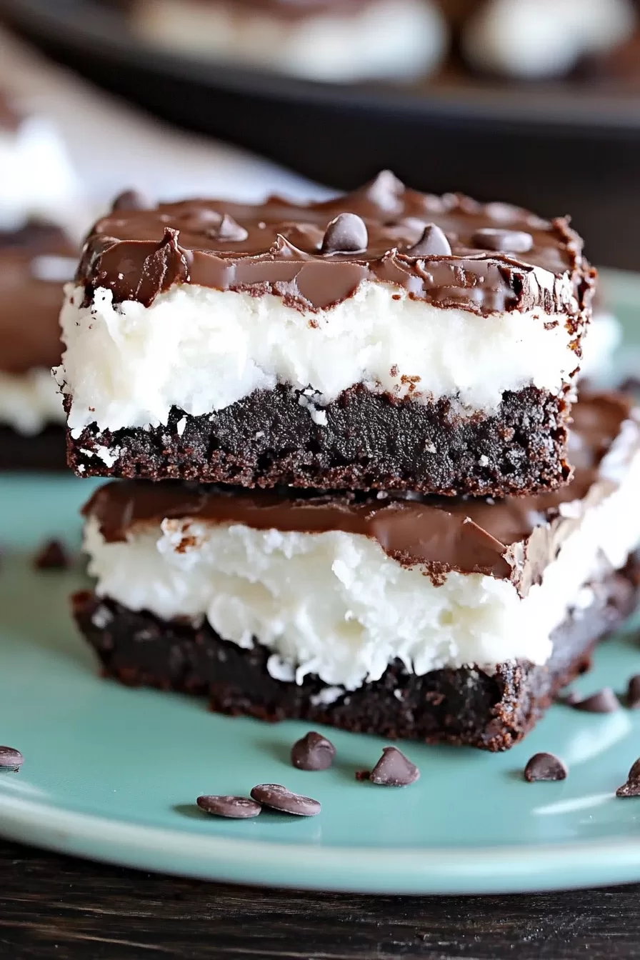 Brownie bars featuring a layered combination of moist chocolate, fluffy coconut, and melted chocolate chips.