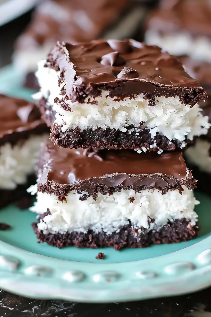 A close-up of the chocolate-coconut brownie with visible textures of each delicious layer.