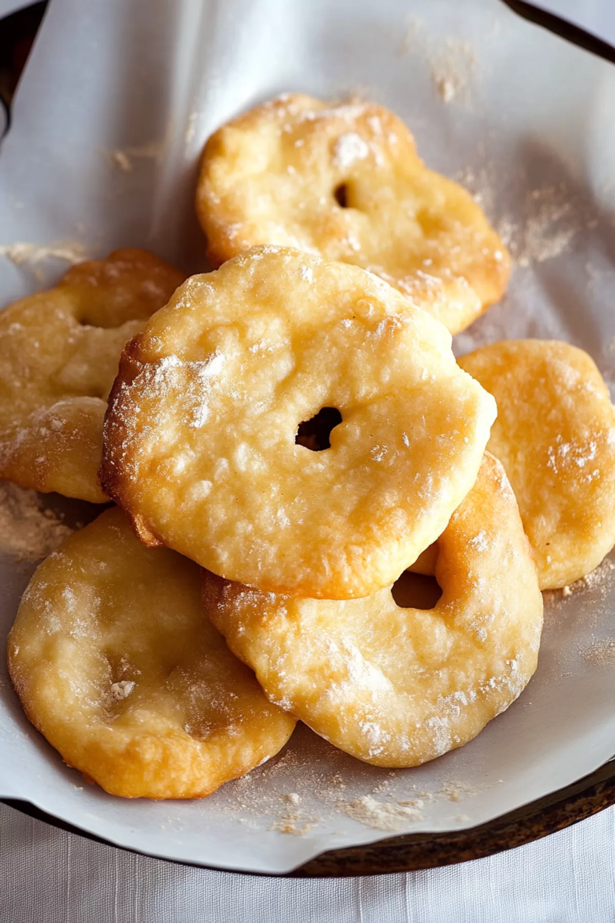 A close-up of crispy fry bread dusted with powdered sugar, resting on parchment paper.