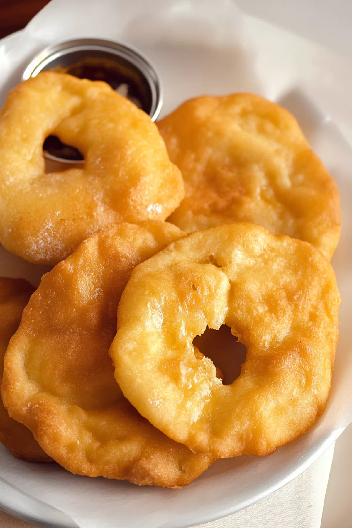 Stacked fry bread pieces with a light and airy texture, paired with a small dipping bowl.