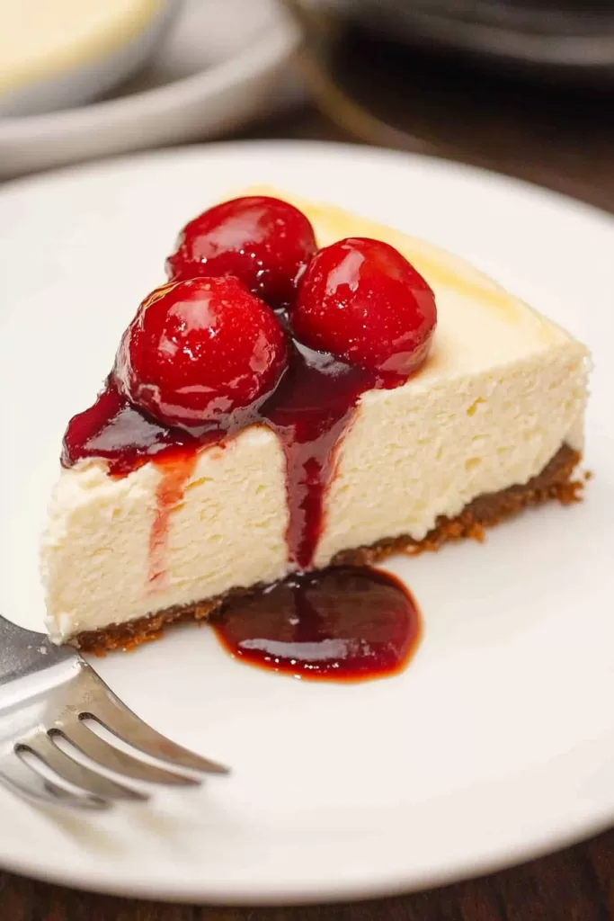 A decadent slice of cheesecake drizzled with a rich cherry sauce, highlighting the smooth texture.