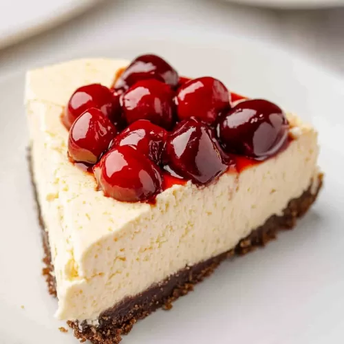 A close-up of a creamy cheesecake slice topped with glossy cherry compote, resting on a graham cracker crust.