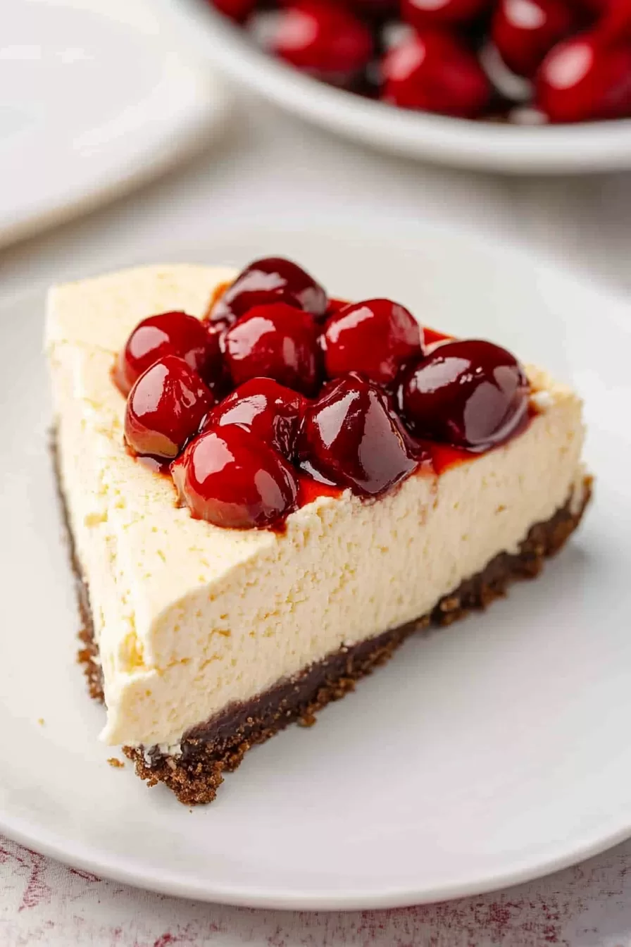 A close-up of a creamy cheesecake slice topped with glossy cherry compote, resting on a graham cracker crust.