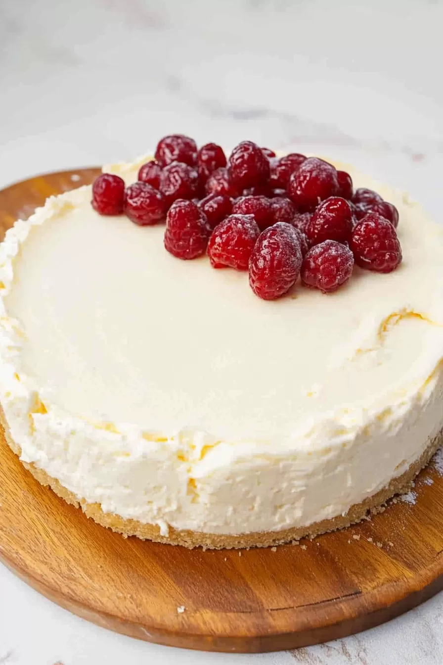 A full no-bake cheesecake adorned with vibrant raspberries, placed on a wooden serving board.