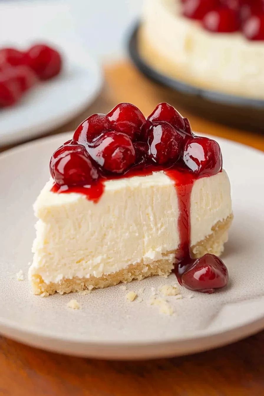 A single slice of creamy cheesecake served on a white plate, topped with juicy cherries and syrup.