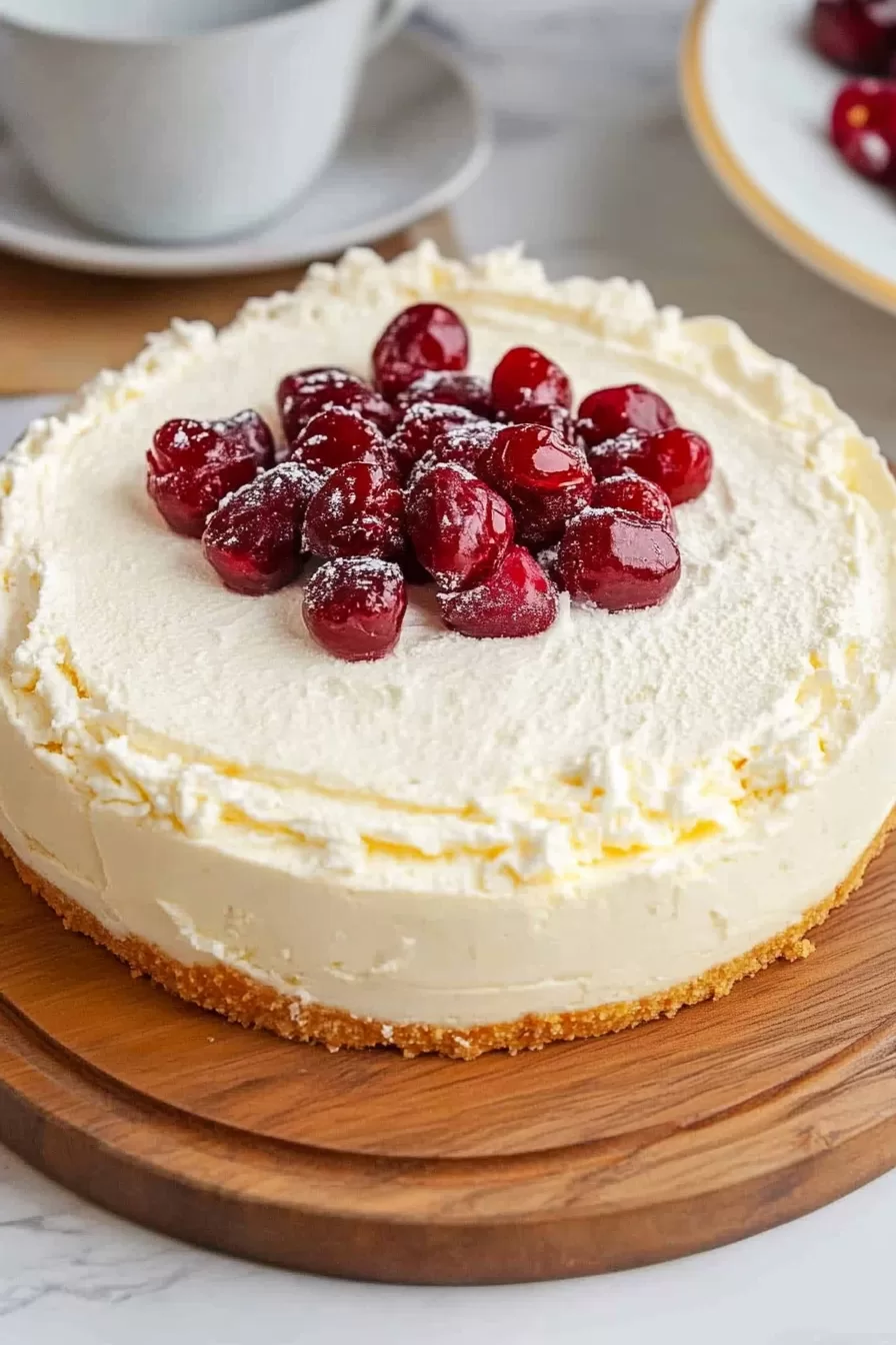 An elegant no-bake cheesecake garnished with a generous layer of fresh cherries, dusted with powdered sugar.