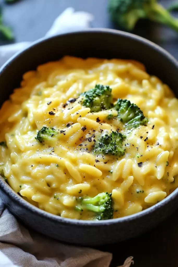 A creamy bowl of broccoli cheese orzo, garnished with freshly cracked black pepper and vibrant green broccoli florets.