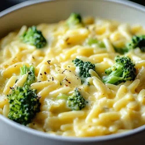 Close-up of rich, cheesy orzo with tender broccoli pieces, served warm in a rustic black bowl.