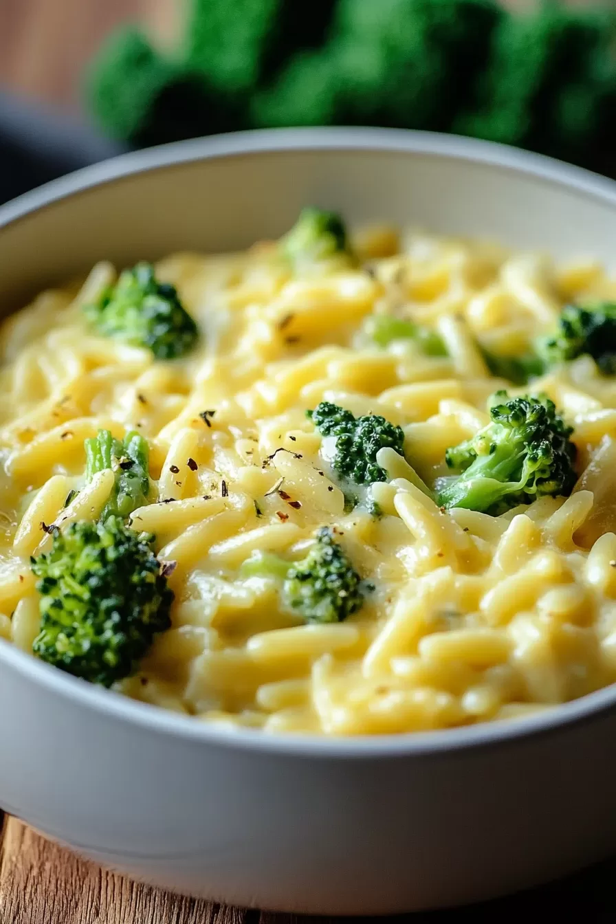 Close-up of rich, cheesy orzo with tender broccoli pieces, served warm in a rustic black bowl.