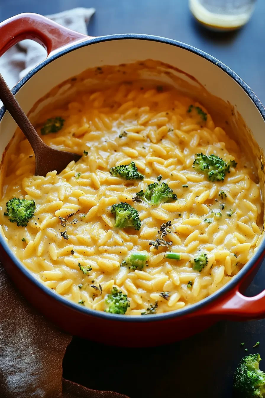 Freshly made broccoli cheese orzo, topped with a sprinkle of pepper and served straight from the pot.