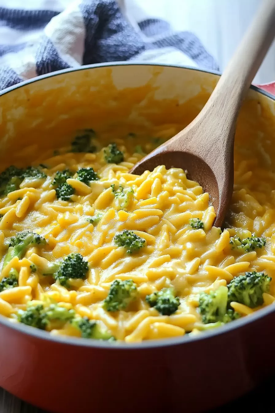 A hearty pot of one-pot broccoli cheese orzo, freshly cooked and stirred with a wooden spoon.