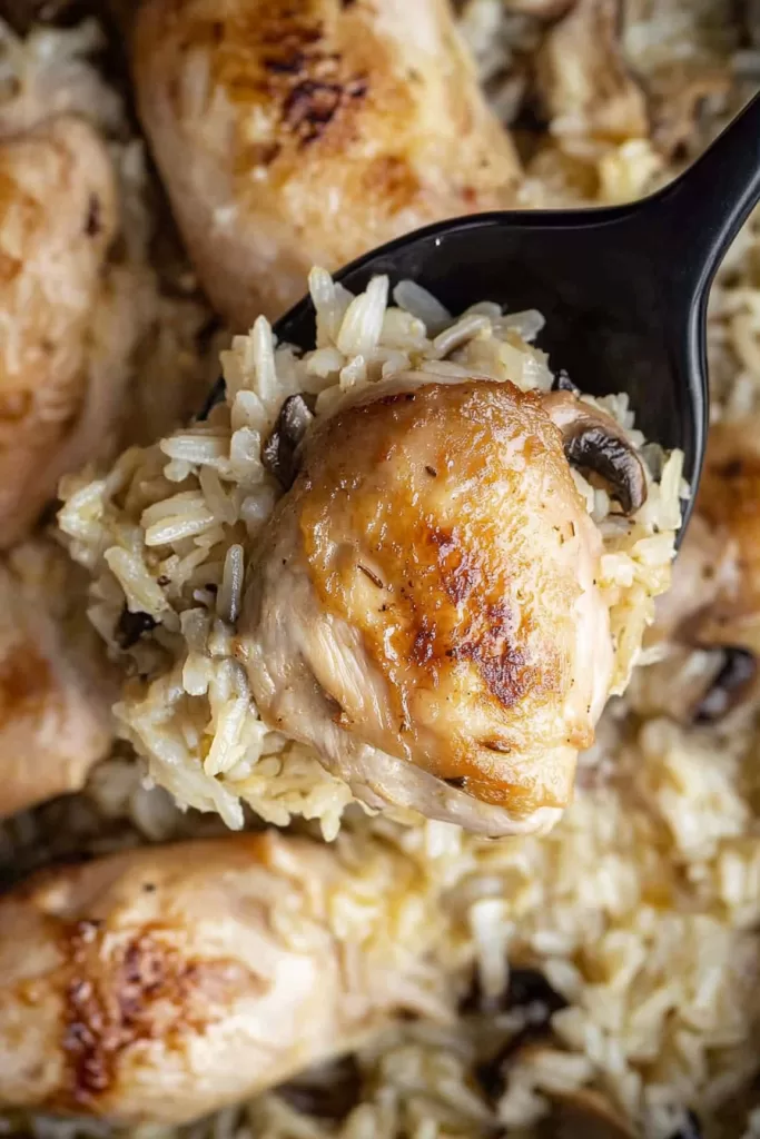 Golden chicken thighs on a bed of creamy rice and mushrooms in a skillet.