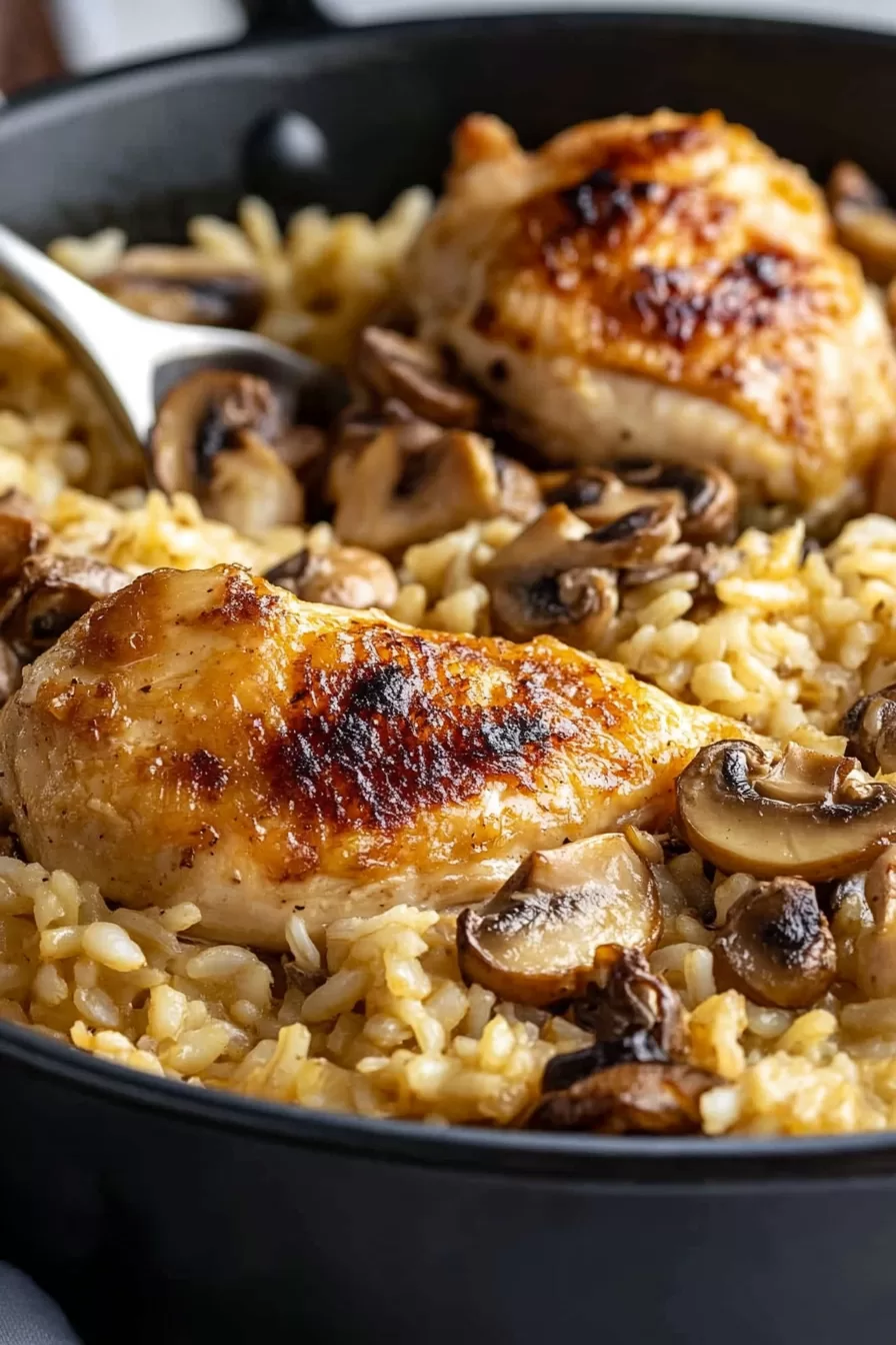 A close-up of tender chicken and mushroom rice cooked to perfection in one pot.