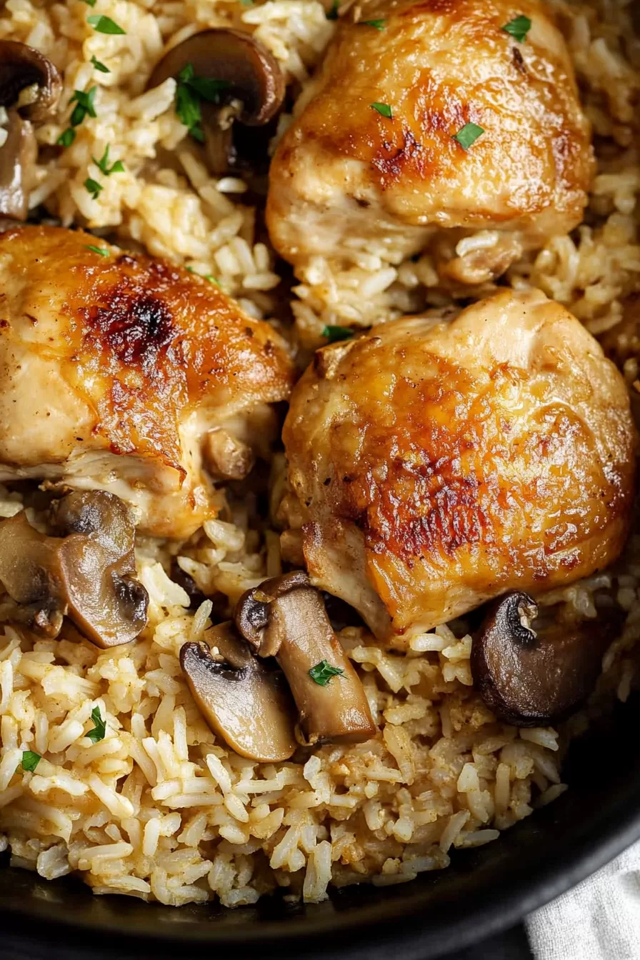 Juicy chicken with a golden crust paired with savory mushroom rice in a hearty skillet meal.