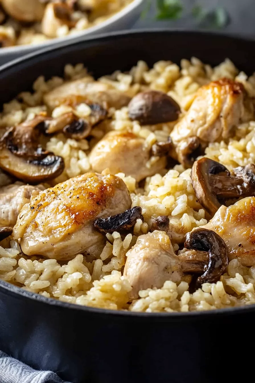 A serving spoon scooping chicken and mushroom rice from a rustic black skillet.