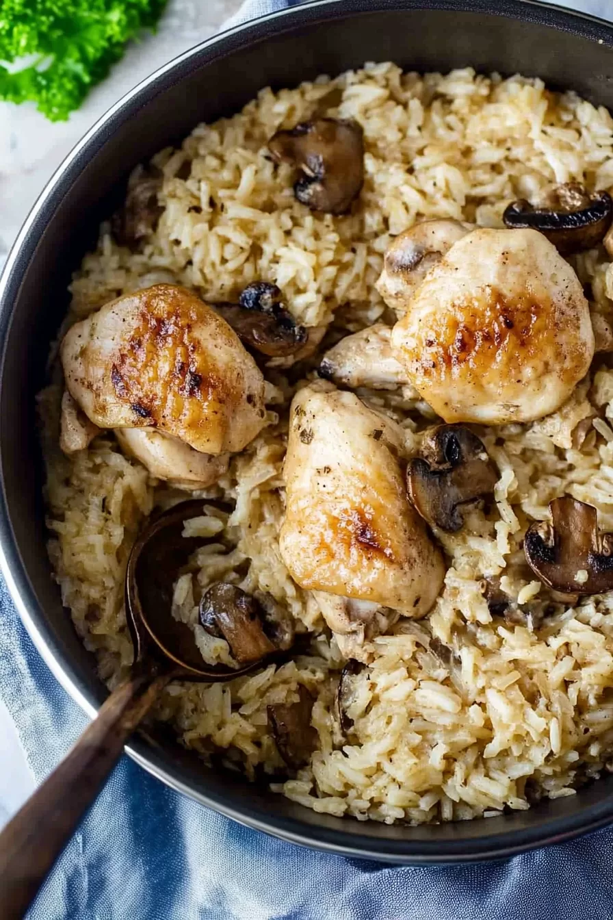 One-pot chicken and mushroom rice garnished with fresh parsley in a cast iron pan.