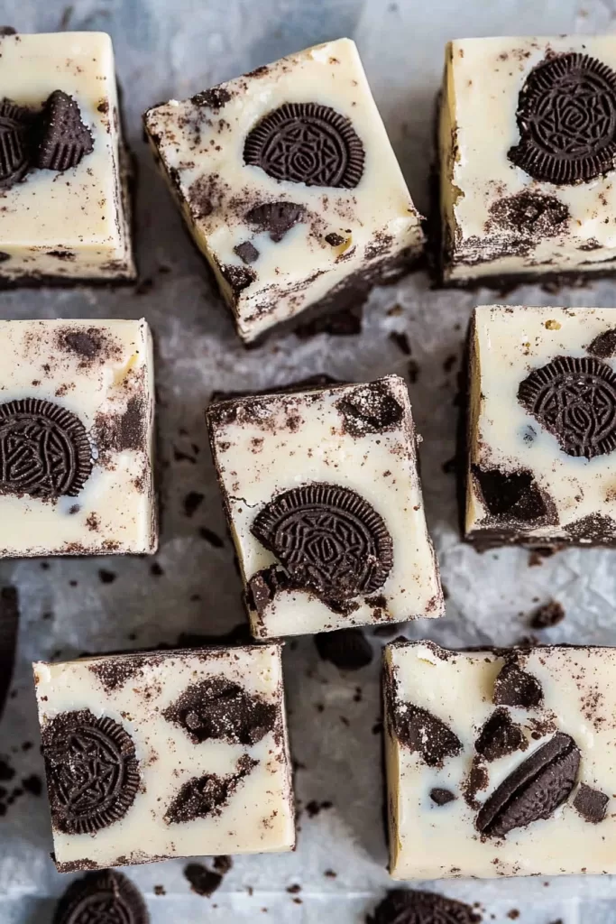 A tray of Oreo fudge squares arranged neatly, showcasing their creamy texture and cookie pieces.