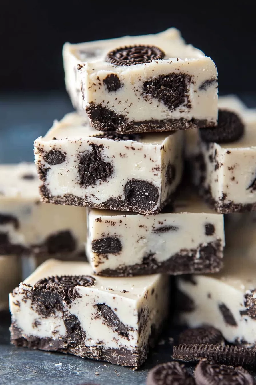 A stack of creamy fudge squares loaded with crushed chocolate sandwich cookies, sitting on a dark surface.