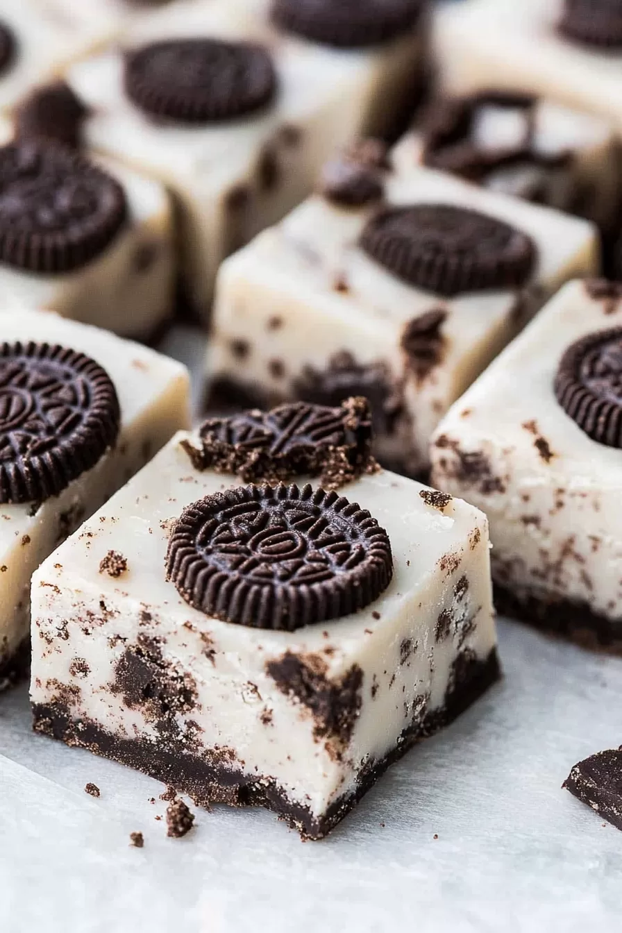 Close-up view of a perfectly cut fudge square with visible cookie chunks and a smooth white chocolate top.