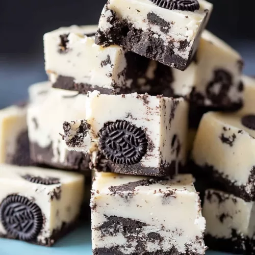 Layers of chocolate and white chocolate fudge topped with half cookies, cut into bite-sized pieces.