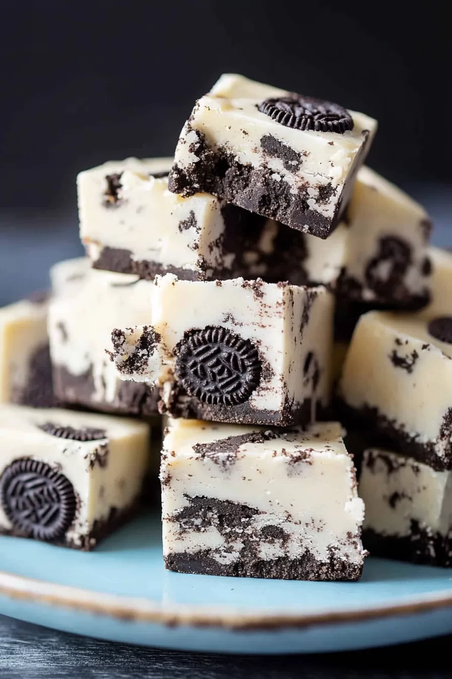 Layers of chocolate and white chocolate fudge topped with half cookies, cut into bite-sized pieces.