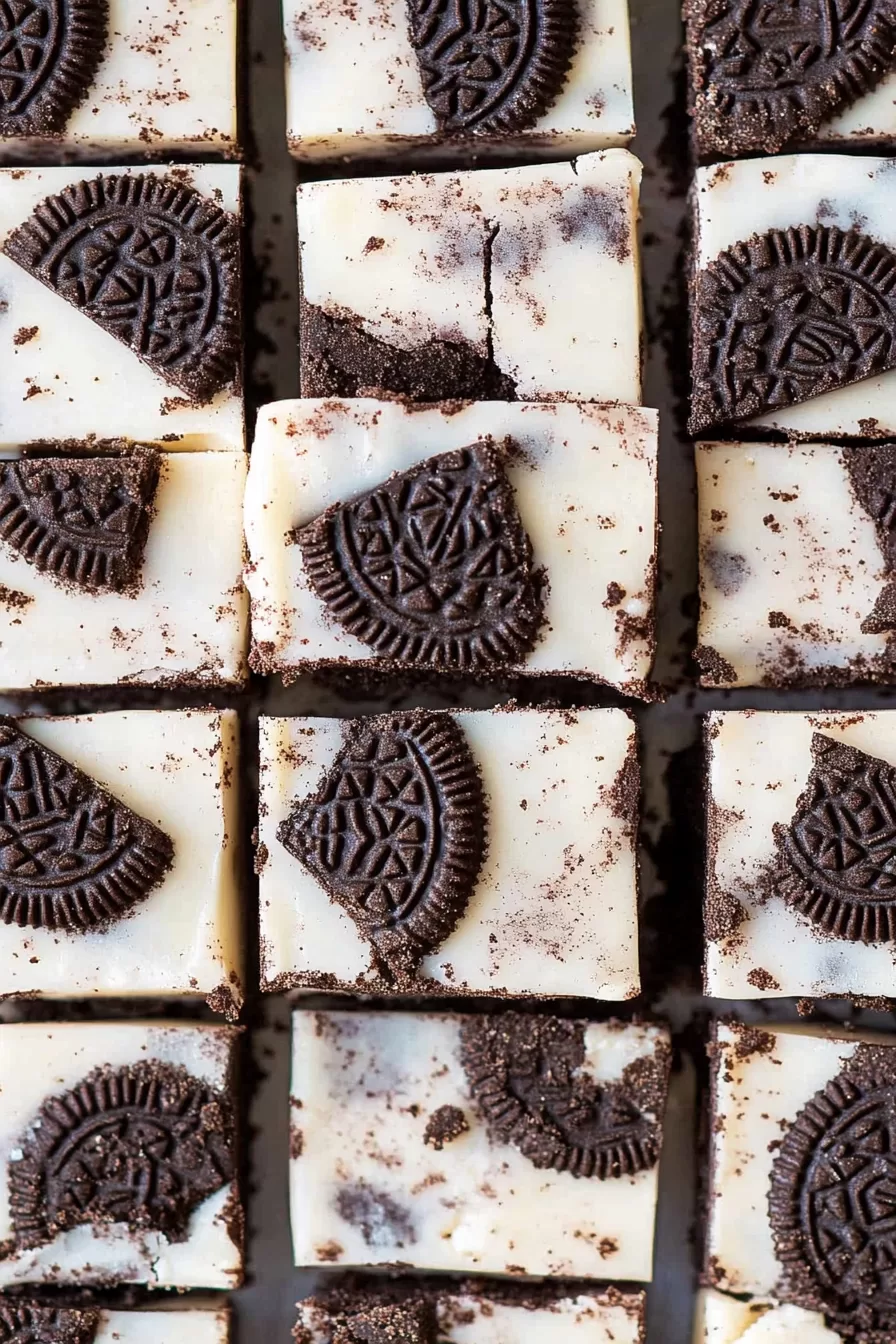 An overhead shot of fudge pieces scattered across parchment paper, highlighting the rich texture and Oreo details.