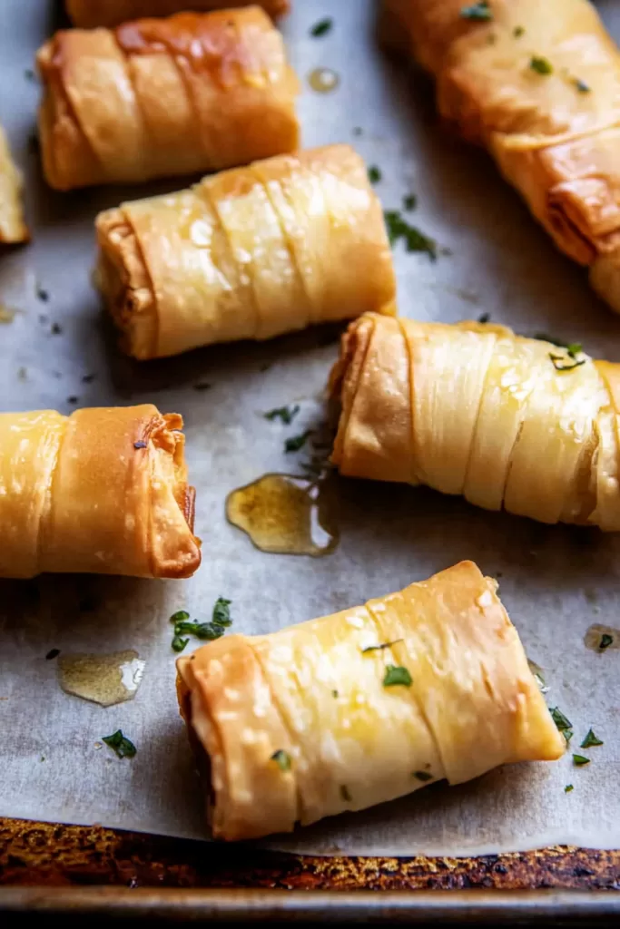 Golden brown crispy feta rolls with a drizzle of chili honey on a parchment-lined baking sheet.