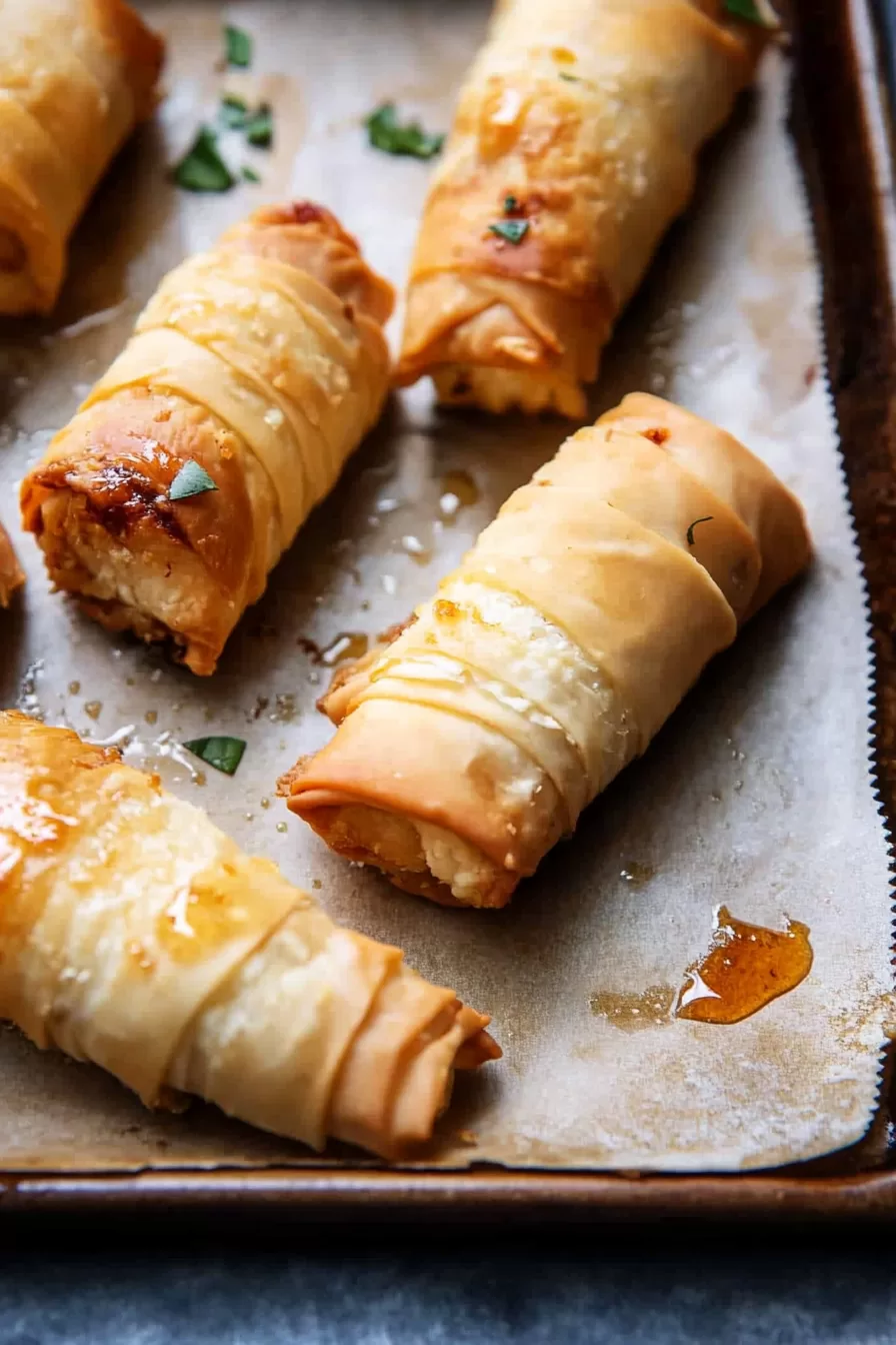 Close-up of flaky feta rolls glistening with honey and garnished with fresh herbs.