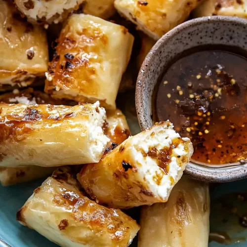 A plate of oven-fried feta rolls served with a side of chili honey dipping sauce.