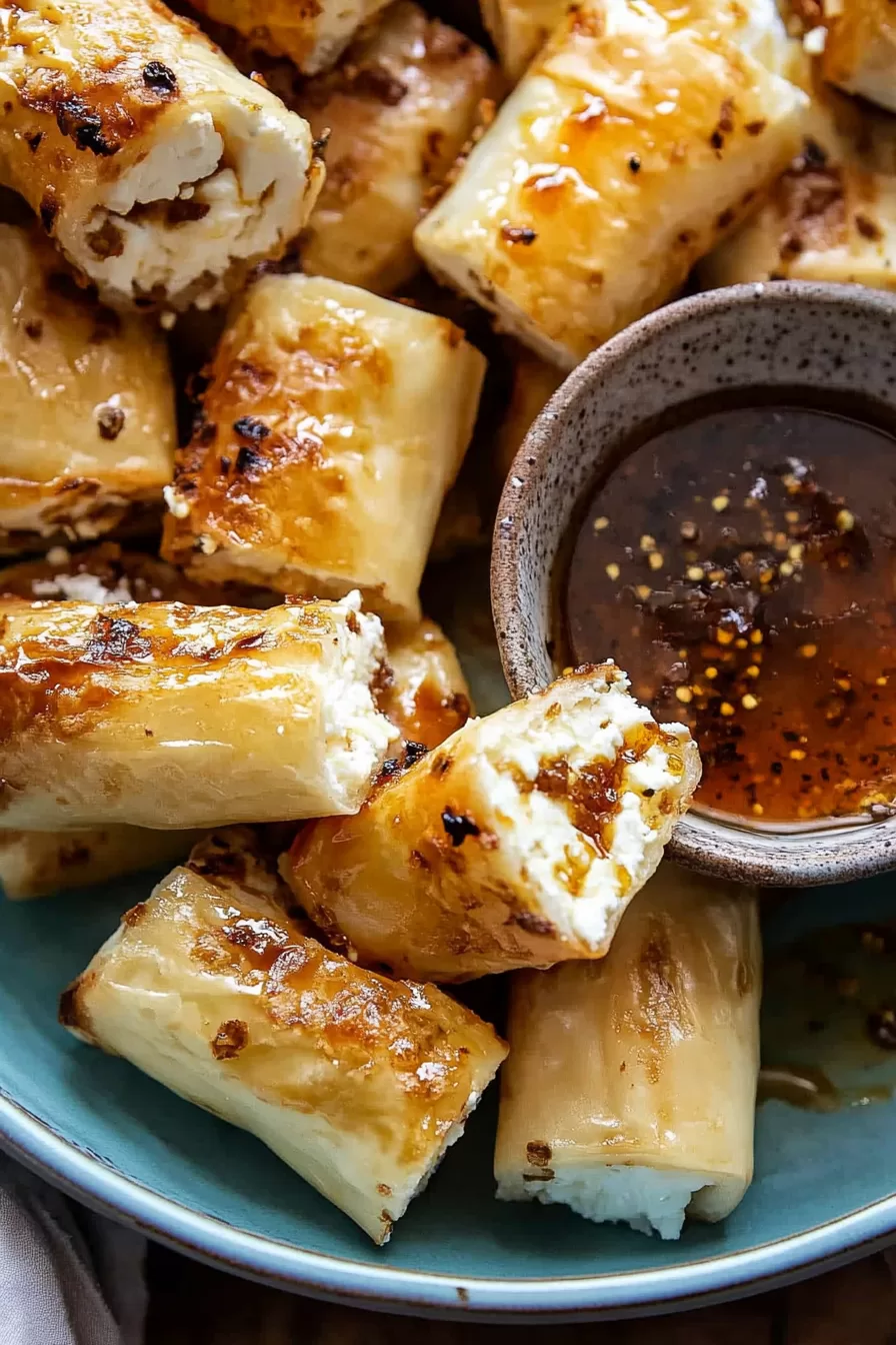 A plate of oven-fried feta rolls served with a side of chili honey dipping sauce.