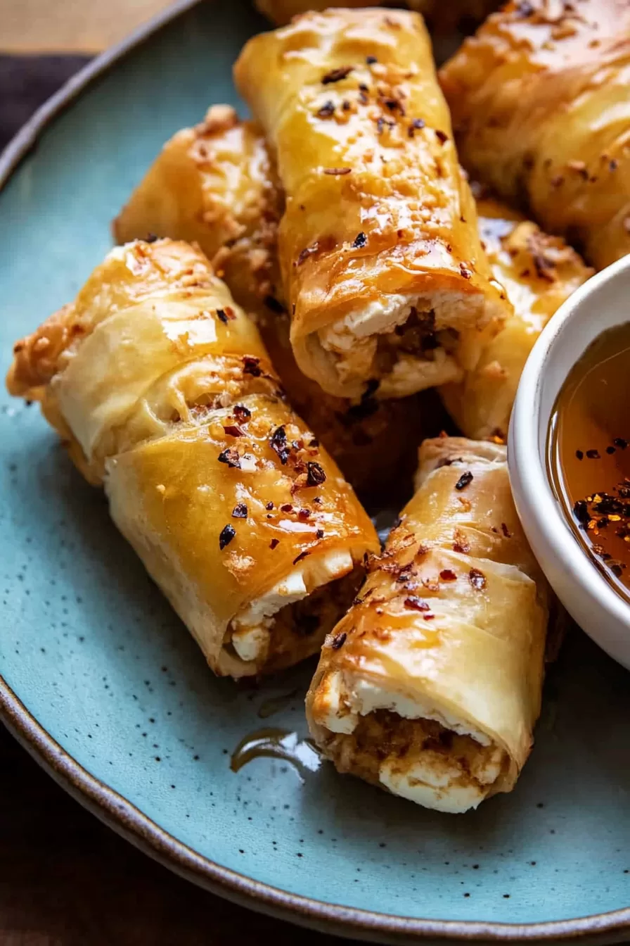 Feta rolls with a crunchy, golden exterior paired with a small bowl of chili honey.