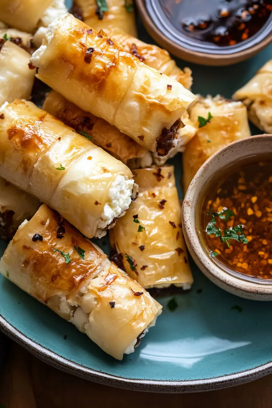 Stacked crispy feta rolls on a blue plate, drizzled with honey and sprinkled with herbs.