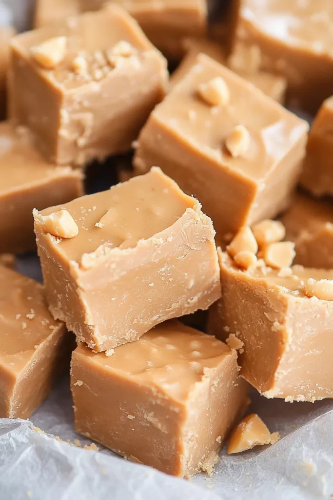 Smooth and decadent peanut butter fudge stacked on parchment paper, showing its melt-in-your-mouth texture.