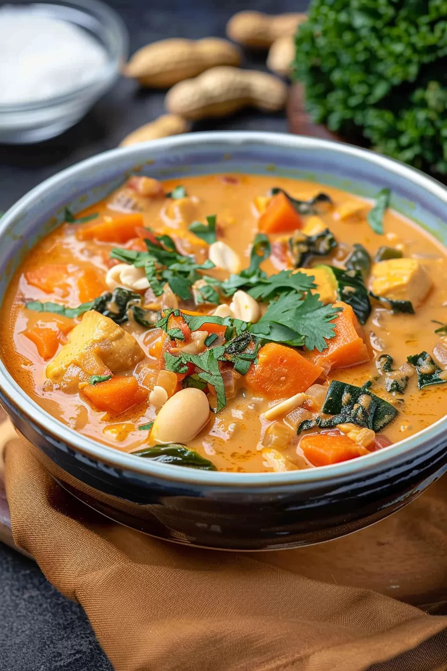 A close-up of creamy peanut butter soup garnished with fresh cilantro and a sprinkle of roasted peanuts.