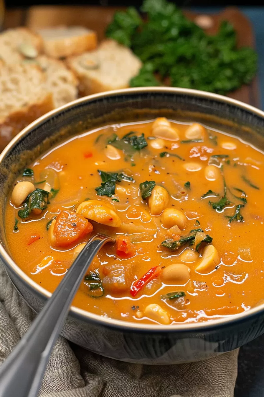 Peanut butter soup served with fresh bread slices and vibrant greens in the background.