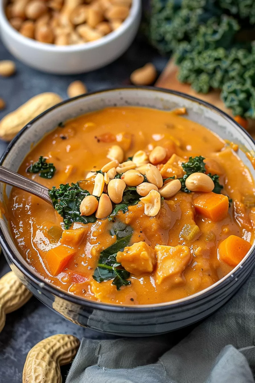 A bowl of hearty peanut butter soup, showcasing chunks of sweet potatoes and a rich, orange broth.