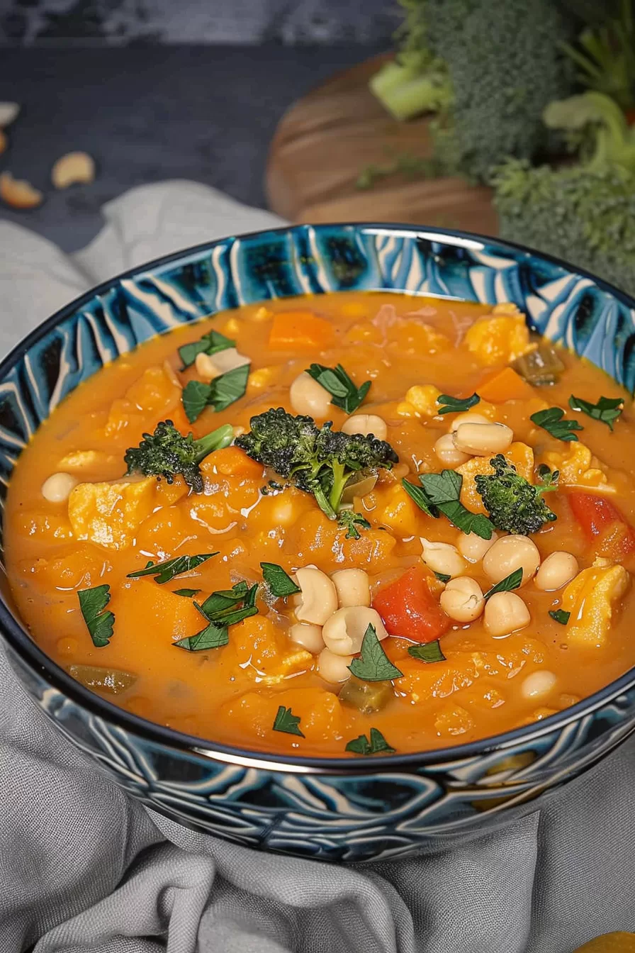 A vibrant bowl of peanut butter soup topped with kale, roasted peanuts, and colorful vegetables.