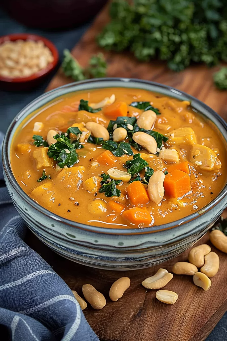 A steaming bowl of peanut butter soup featuring tender chunks of vegetables and garnished with herbs.