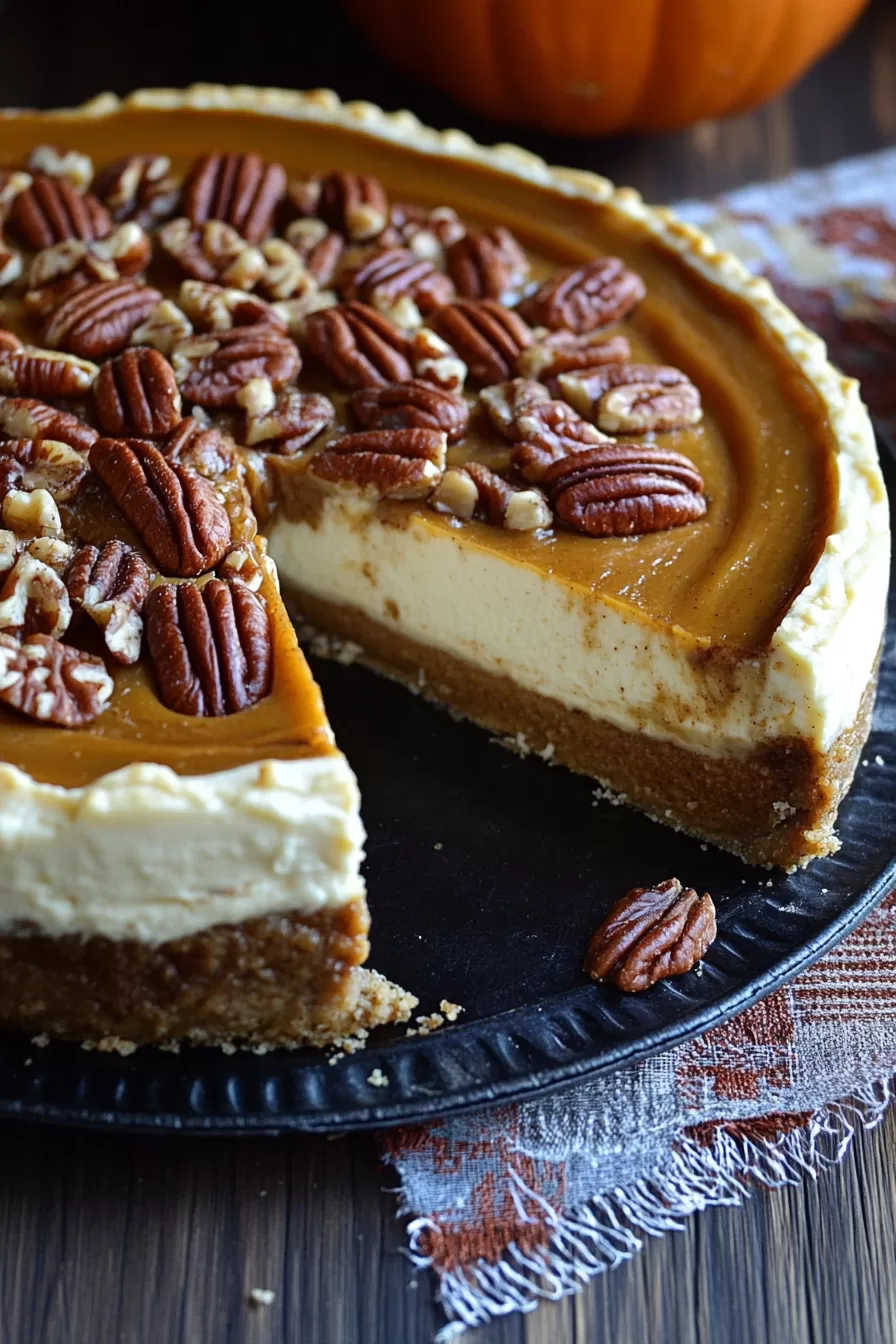 A close-up view of a creamy pumpkin cheesecake topped with glossy pecans, served with a rustic autumn backdrop.