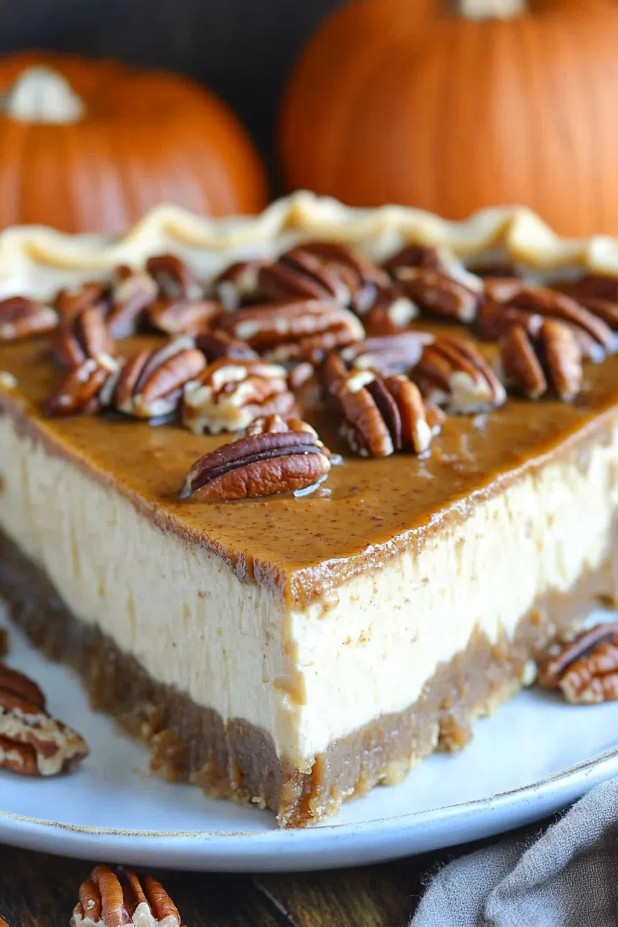 A sliced pecan pie pumpkin cheesecake showcasing its layered textures of crust, creamy filling, and pecan topping.