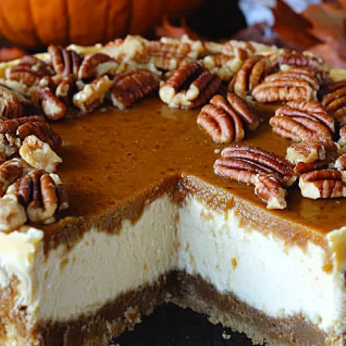 A decadent slice of cheesecake highlighting the rich pecan topping and smooth pumpkin filling against a wooden table.