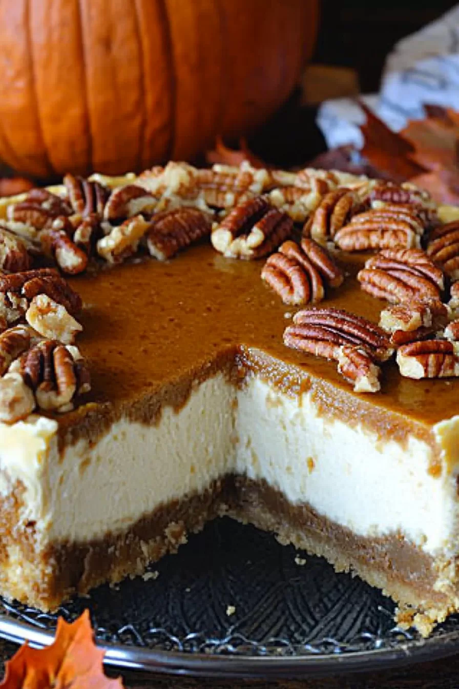 A decadent slice of cheesecake highlighting the rich pecan topping and smooth pumpkin filling against a wooden table.