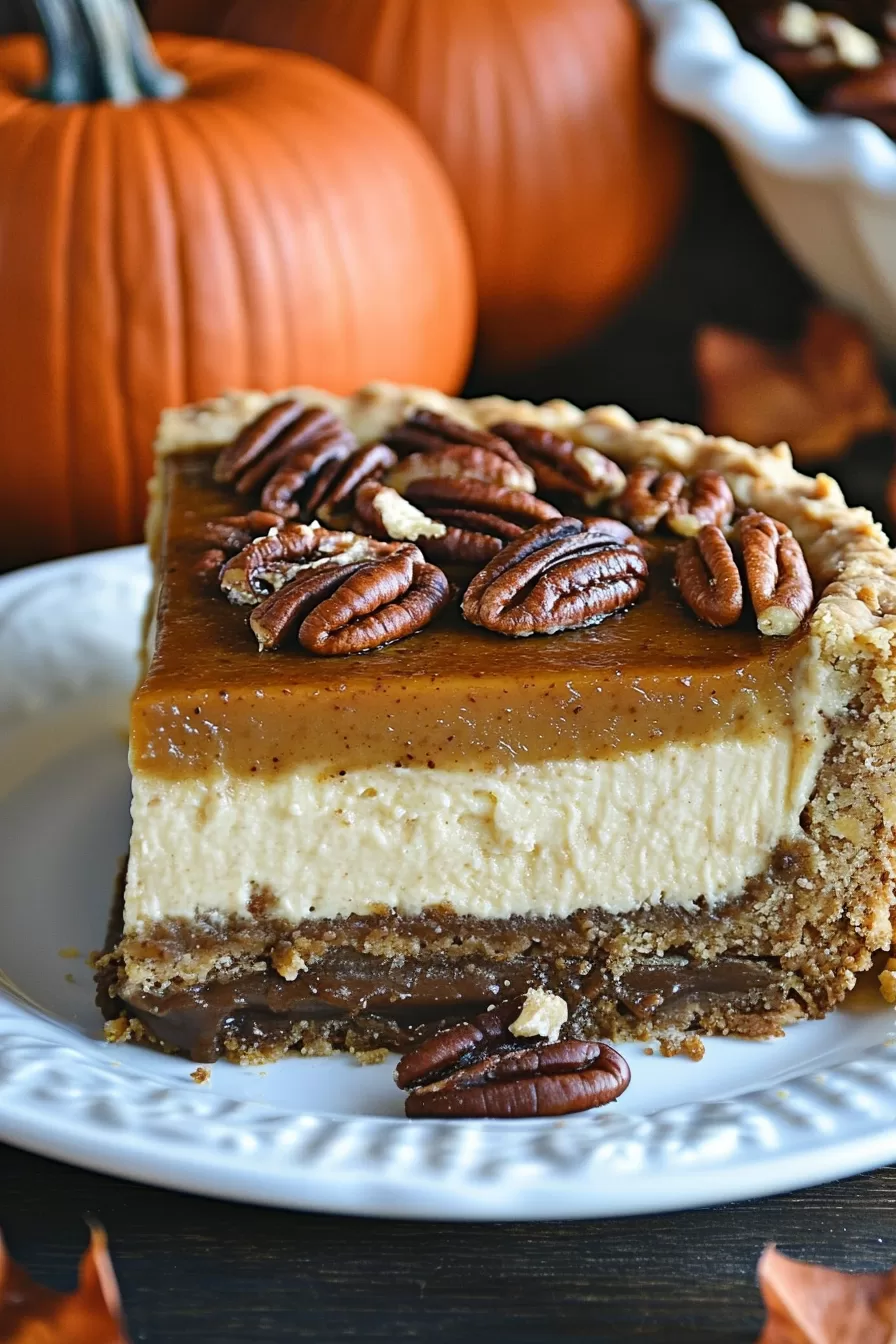 A beautifully presented pecan pie pumpkin cheesecake with a golden crust, ideal for holiday dessert tables.