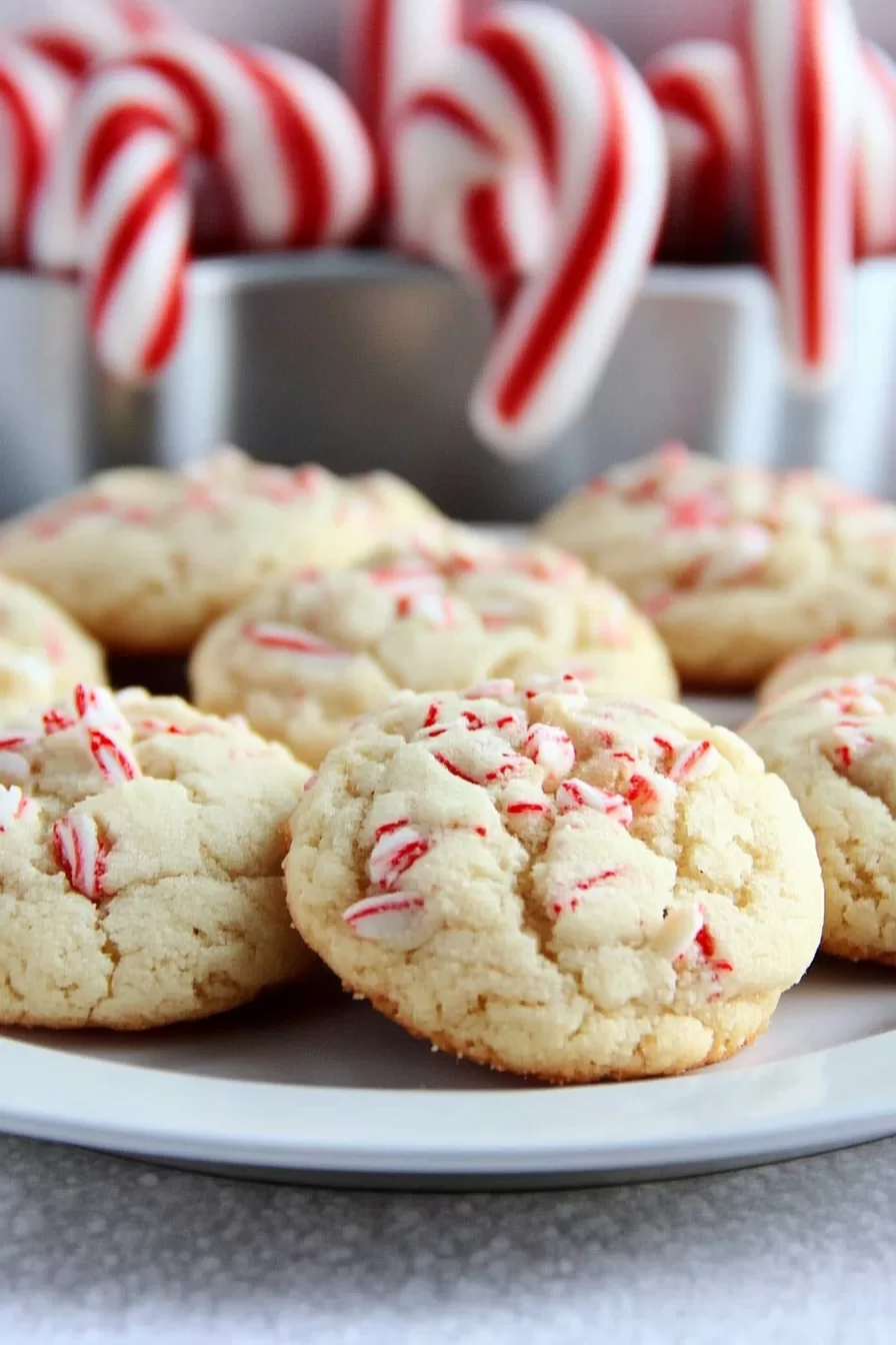 Soft, buttery cookies studded with crushed peppermint pieces, displayed on a white plate.