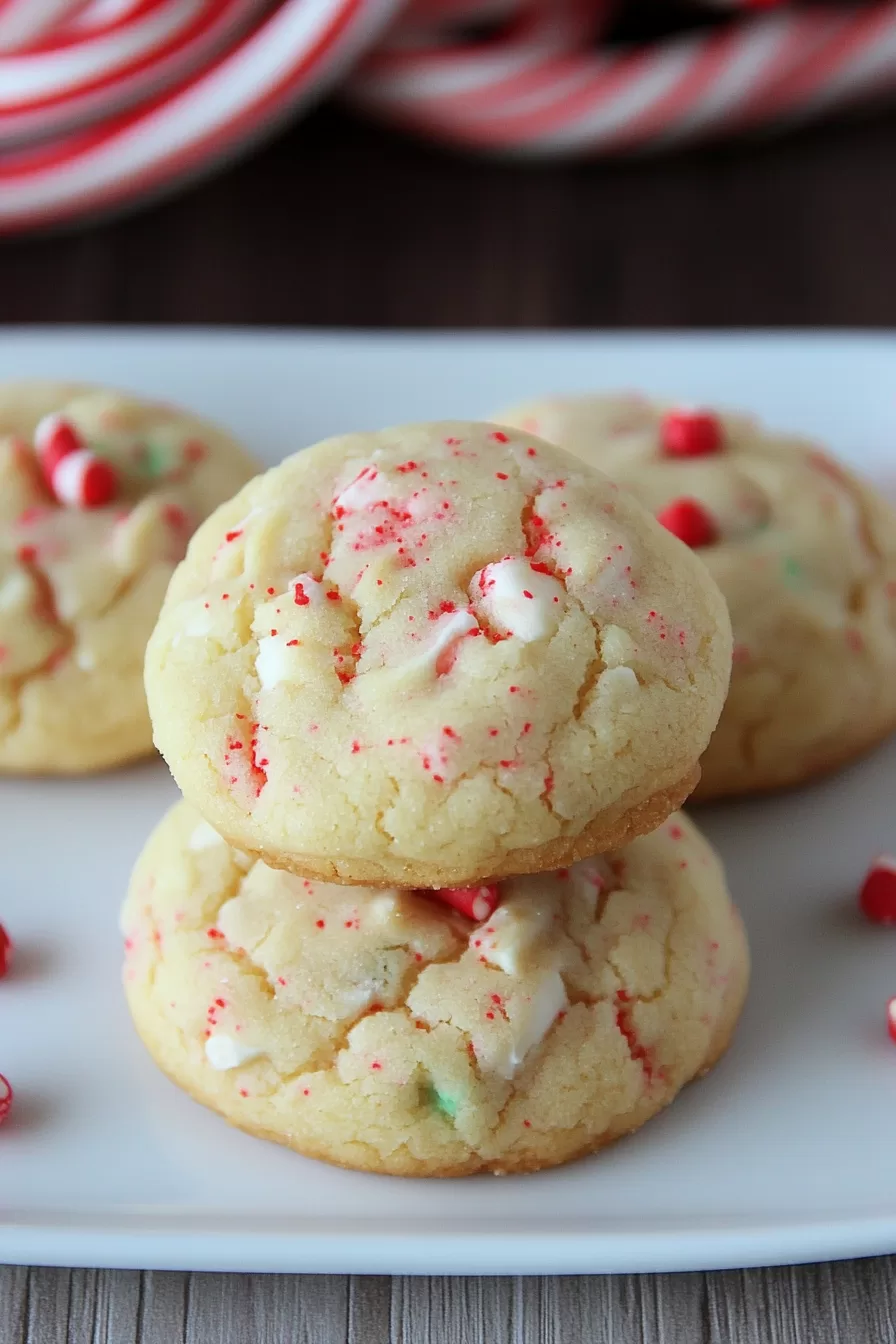 Close-up of festive peppermint cookies topped with bits of candy canes, perfect for the holidays.