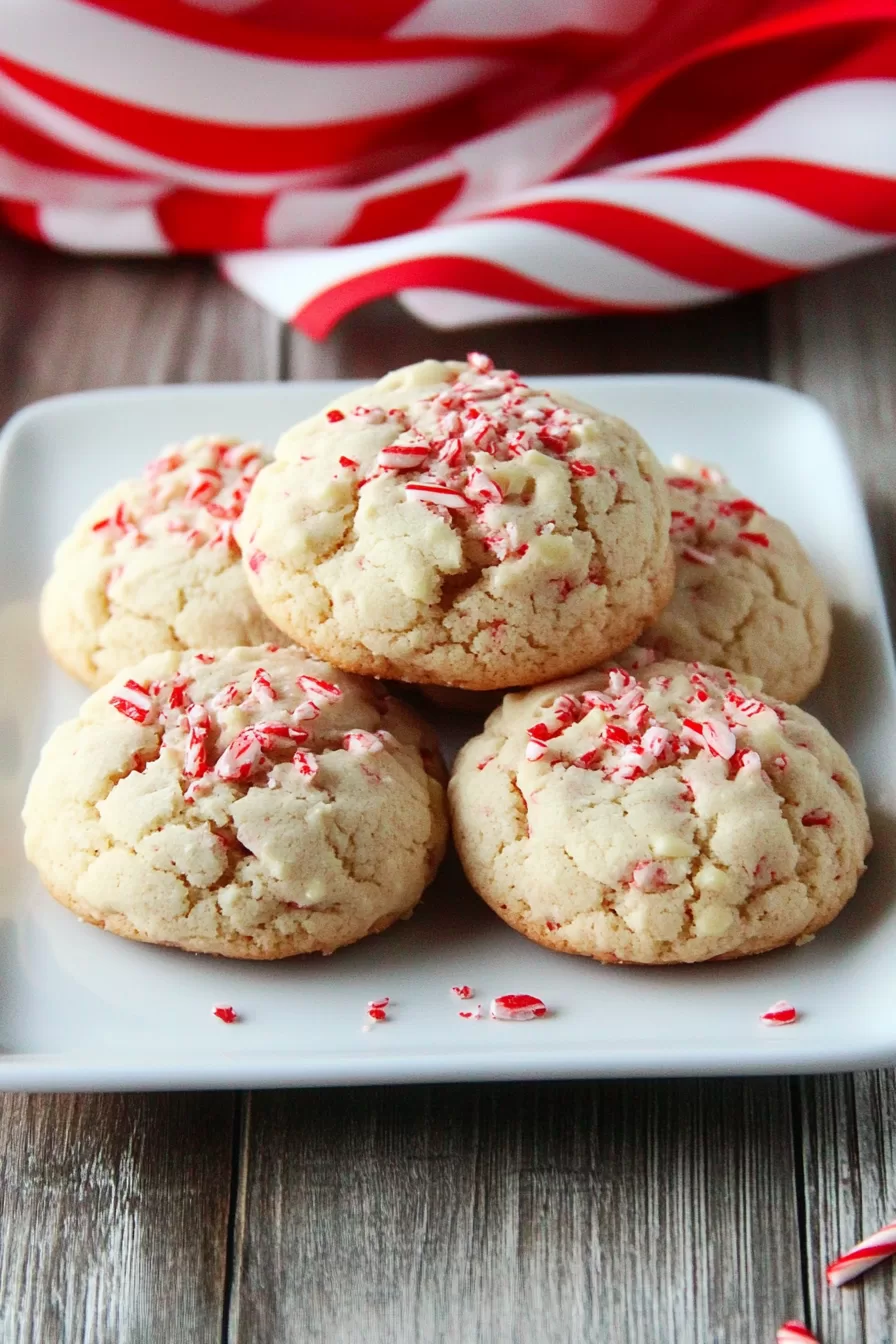 A stack of peppermint cookies with a festive backdrop of candy canes and red accents.