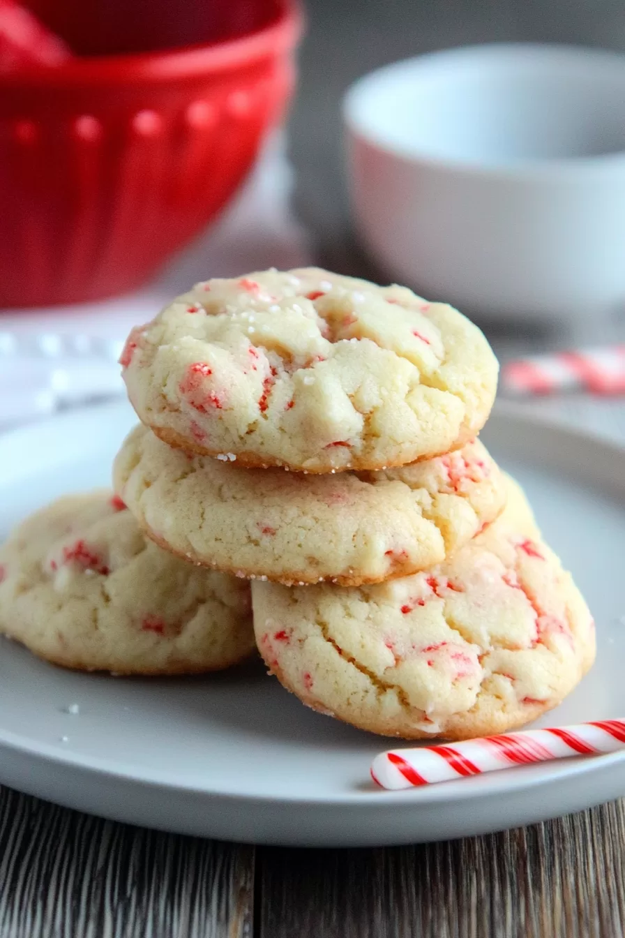 Chewy peppermint cookies with a hint of creamy cheesecake flavor, surrounded by holiday decor.