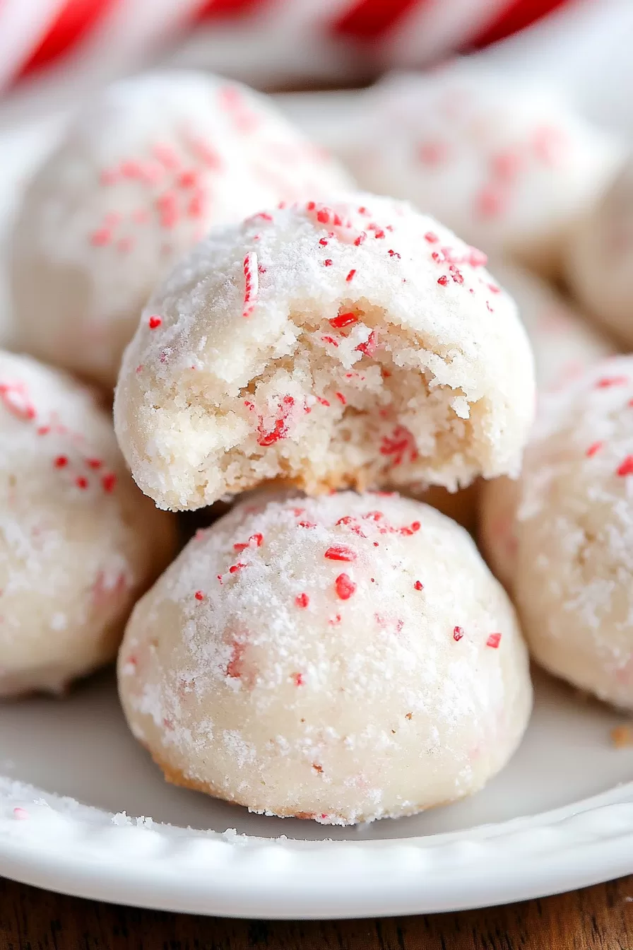 A close-up of peppermint snowball cookies dusted in powdered sugar and sprinkled with crushed candy cane pieces on a white plate.