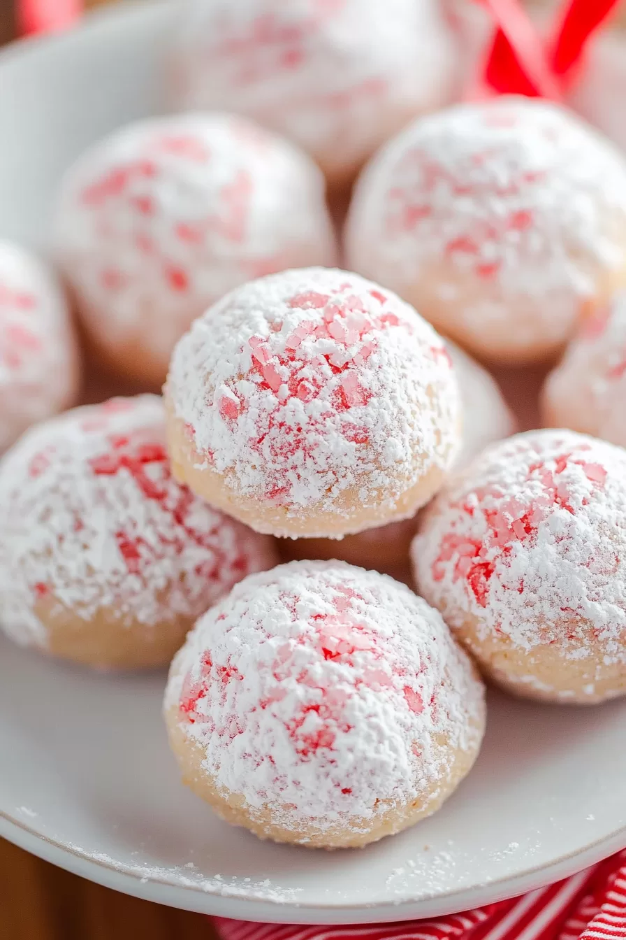 A festive plate of round snowball cookies topped with red and white peppermint flakes, perfect for holiday celebrations.