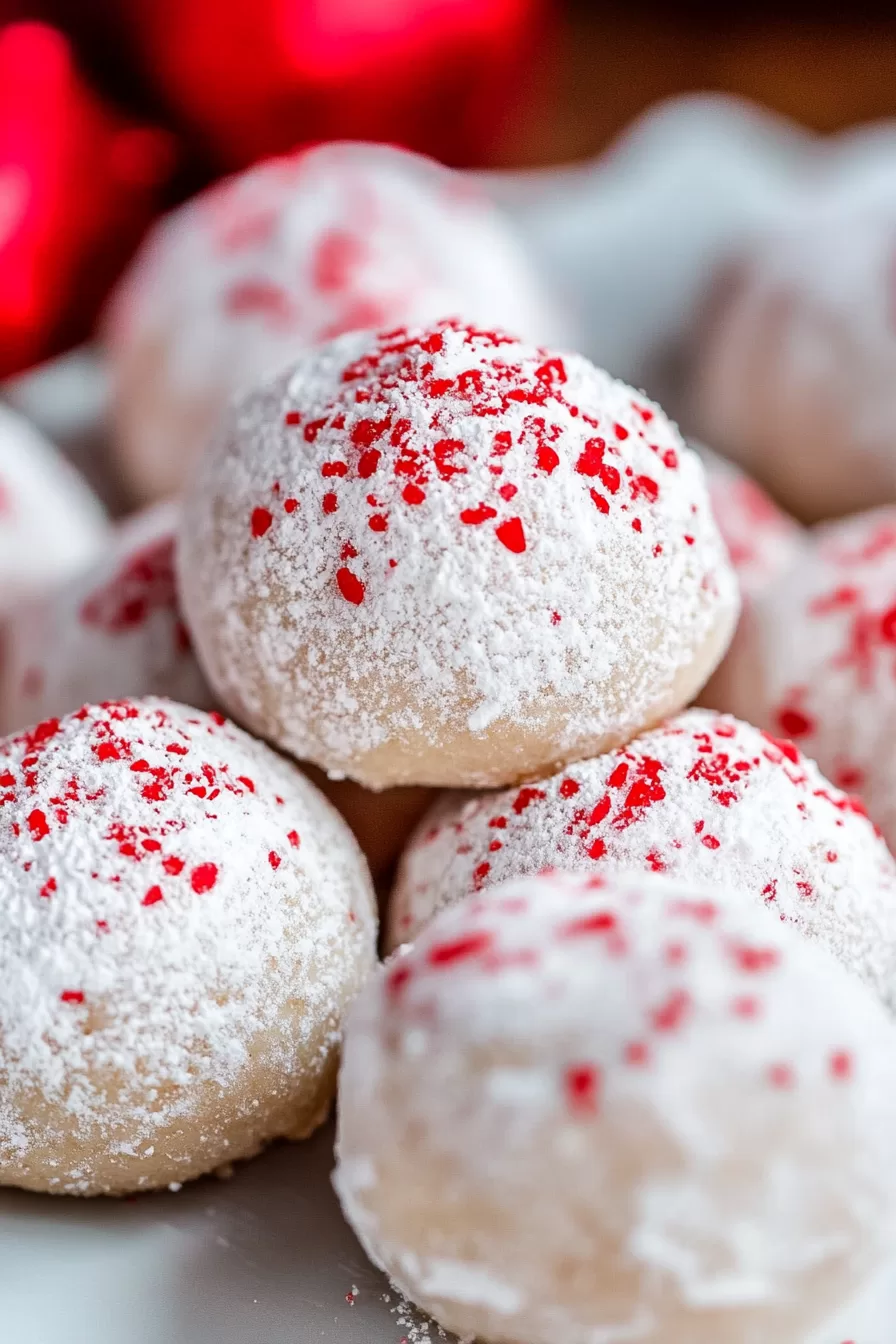 A stack of peppermint snowball cookies coated in powdered sugar and garnished with vibrant red peppermint sprinkles.